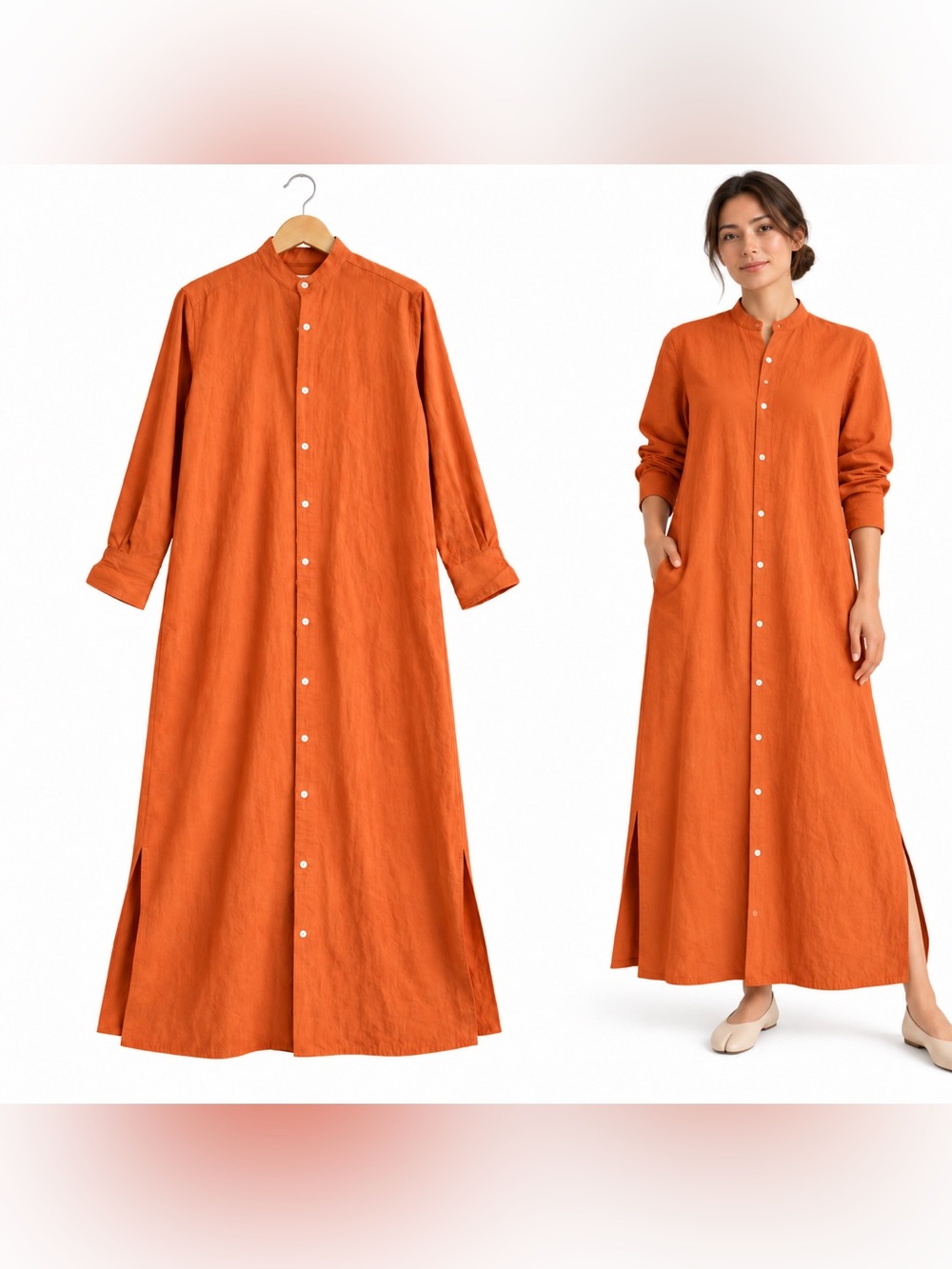 Blluemade Burnt Orange Linen Cotton Maxi Shirt Dress One Size OS
